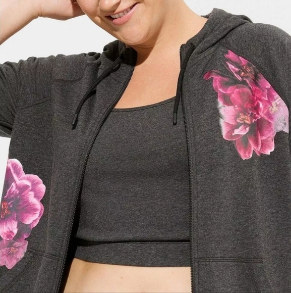 Torrid Active Full Zip Hoodie Gray Pink Floral Fleece Plus 2X - Picture 2 of 13
